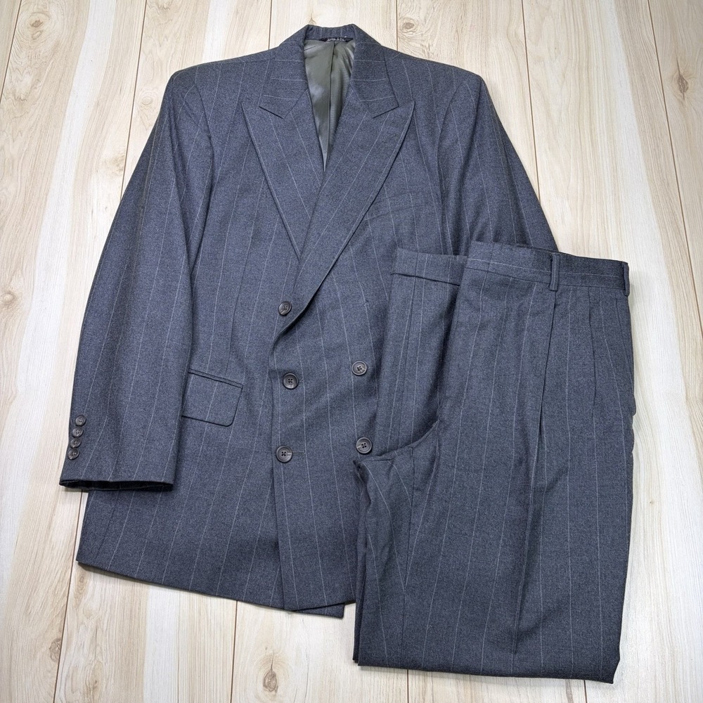 VTG KILGOUR FRENCH STANBURY Double Breasted Flannel Wool Striped Suit 40R 35x31